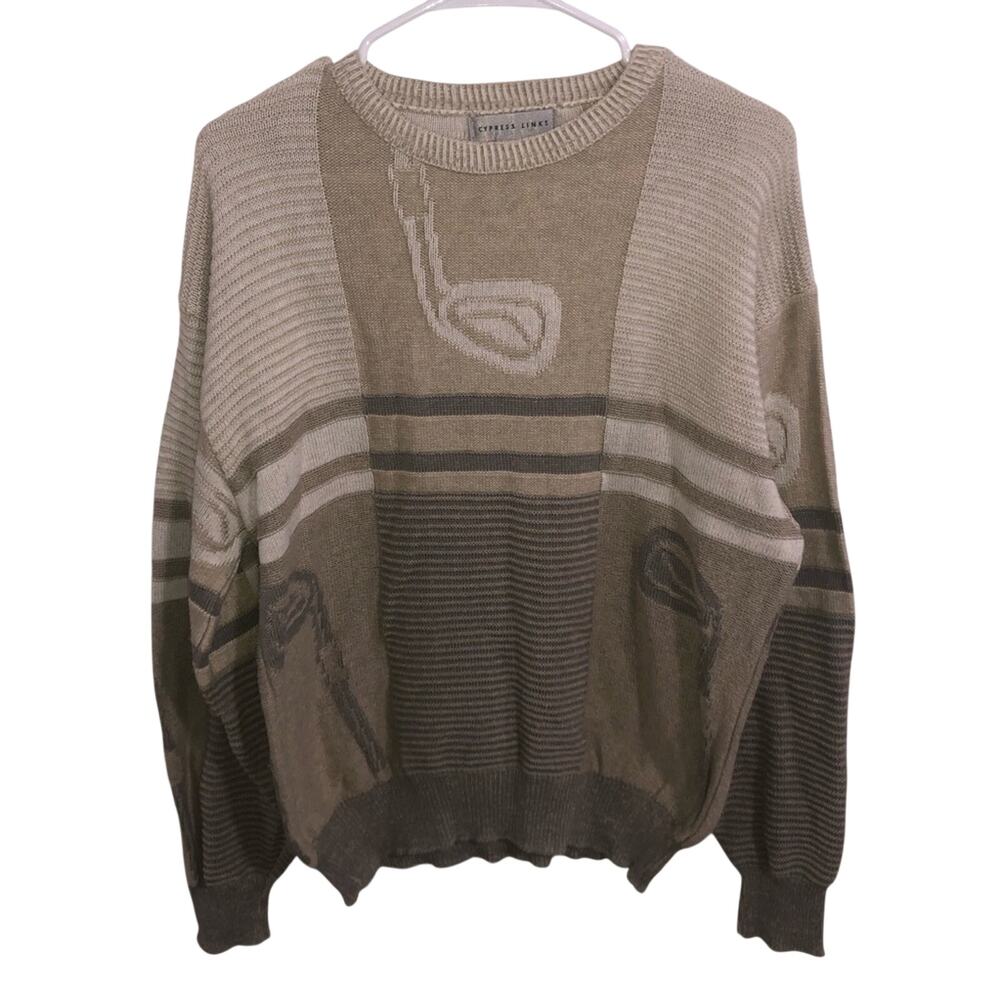 Cypress Links Vintage Golf Print Knit Cotton Sweater Men's M Beige Retro